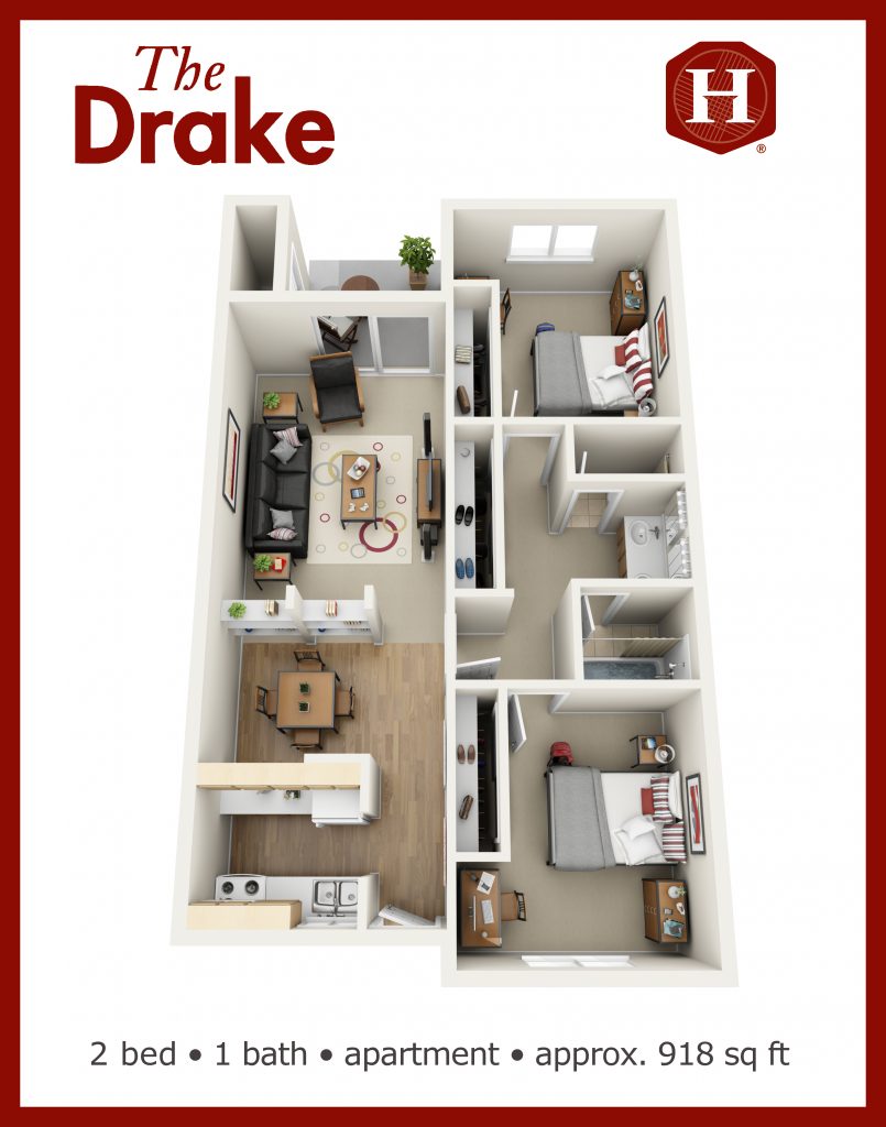 Aerial 3d layout of 918 square foot 2 bed 1 bath unit