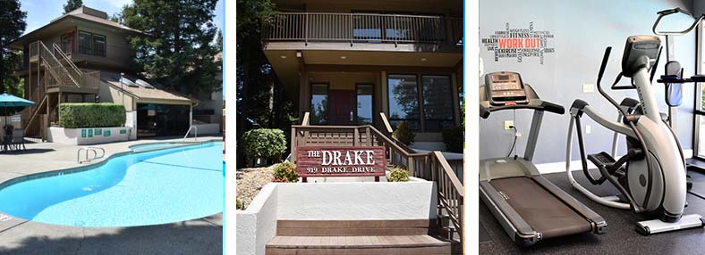 three images of pool, front of apartment and work out room